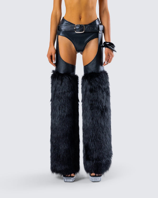 Finesse Zaria Black Vegan Leather Fur Trim Chaps