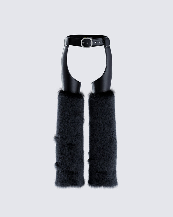finesse Zaria Black Vegan Leather Fur Trim Chaps