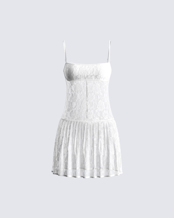 finesse Zera White Lace Pleated Mini Dress