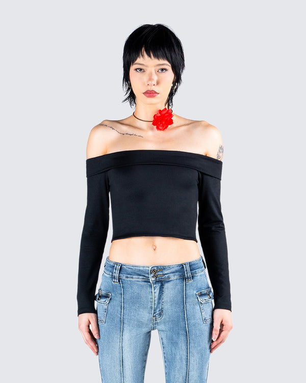 Finesse Zori Black Jersey Off Shoulder Top