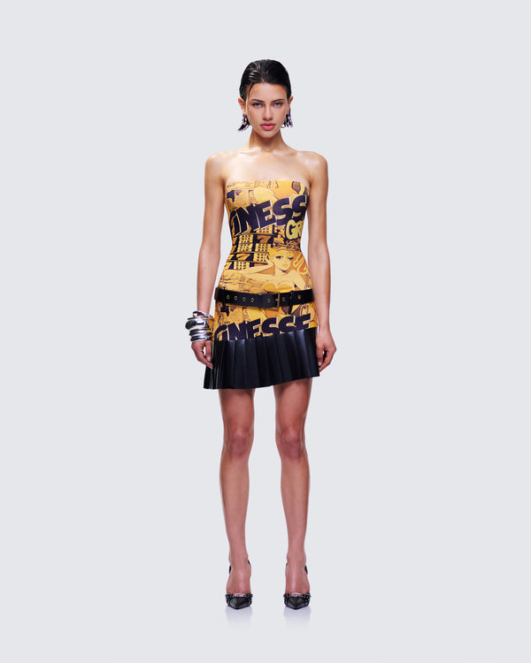 Finesse Isabeau Printed Pleated Drop Waist Mini Dress