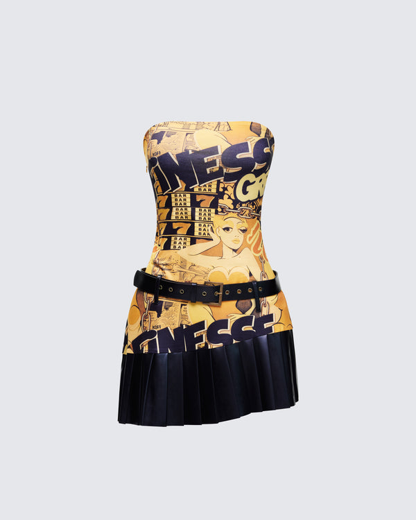 finesse Isabeau Printed Pleated Drop Waist Mini Dress