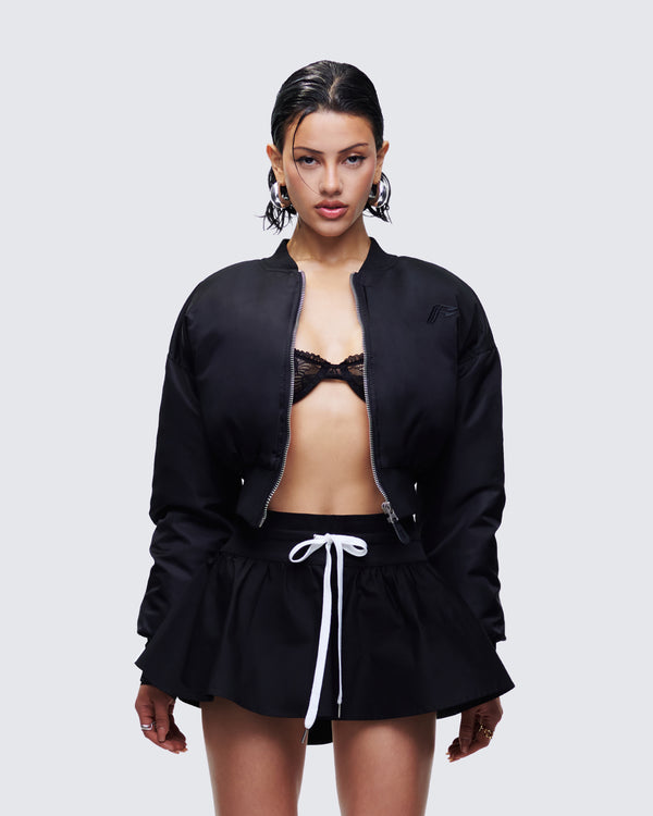 Finesse Khione Black Flight Satin Cropped Bomber Jacket