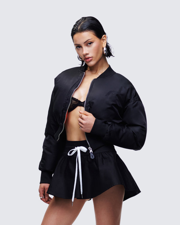 Finesse Khione Black Flight Satin Cropped Bomber Jacket