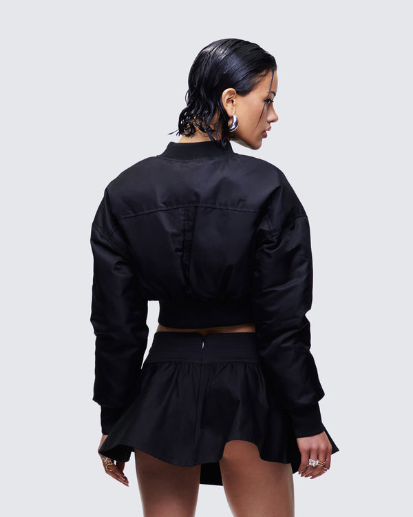 Finesse Khione Black Flight Satin Cropped Bomber Jacket