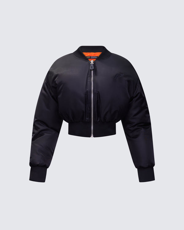 finesse Khione Black Flight Satin Cropped Bomber Jacket