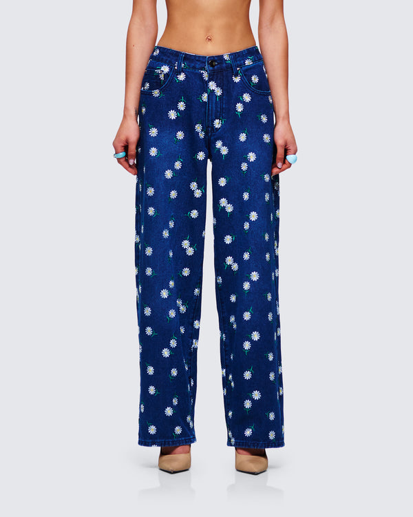 Finesse Kincade Blue Mid Rise Floral Embroidery Jean