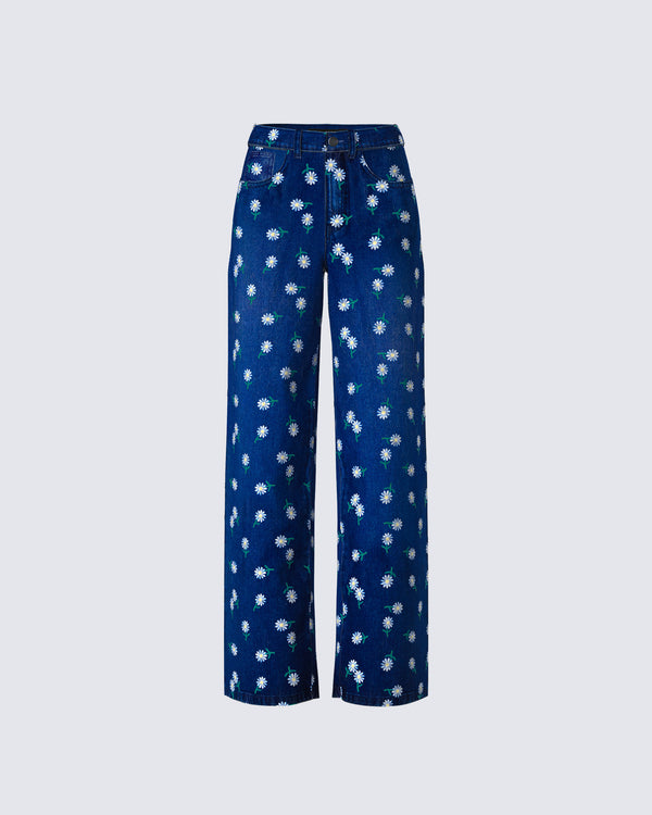 finesse Kincade Blue Mid Rise Floral Embroidery Jean