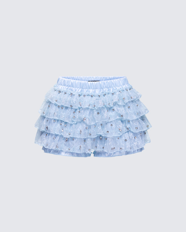 finesse Love Hand Beaded Rhinestone Baby Blue Ruffle Short