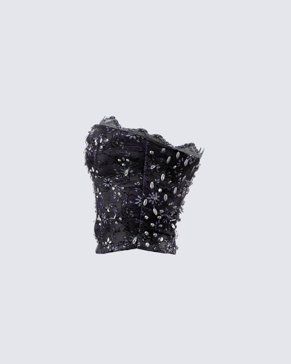 Finesse Love Hand Beaded Rhinestone Black Corset Top