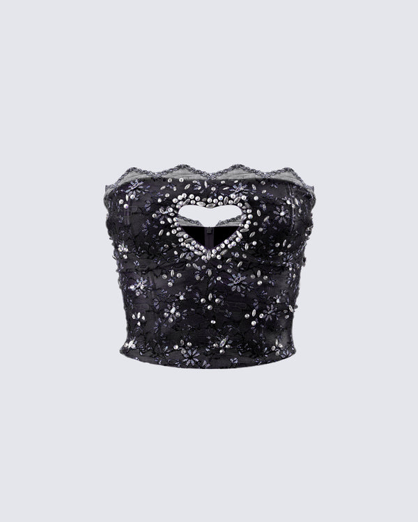 finesse Love Hand Beaded Rhinestone Black Corset Top