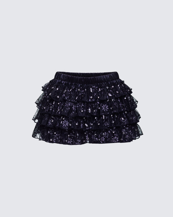 finesse Love Hand Beaded Rhinestone Black Ruffle Short
