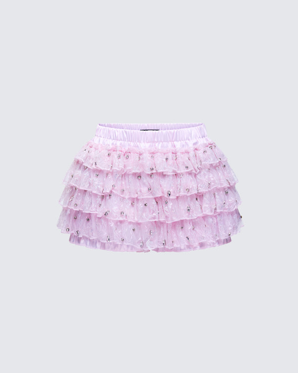 finesse Love Hand Beaded Rhinestone Pink Ruffle Short