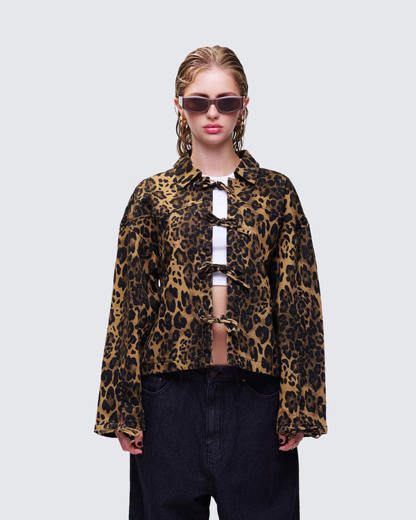 Finesse Lucretia Leopard Bow Tied Twill Shirt Jacket