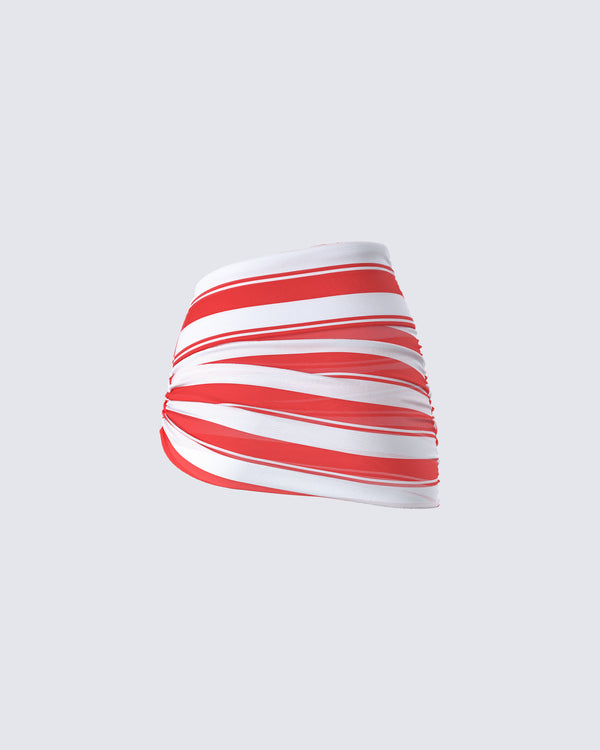 Finesse Risa Red Stripe Asymmetric Ruched Mini Skirt