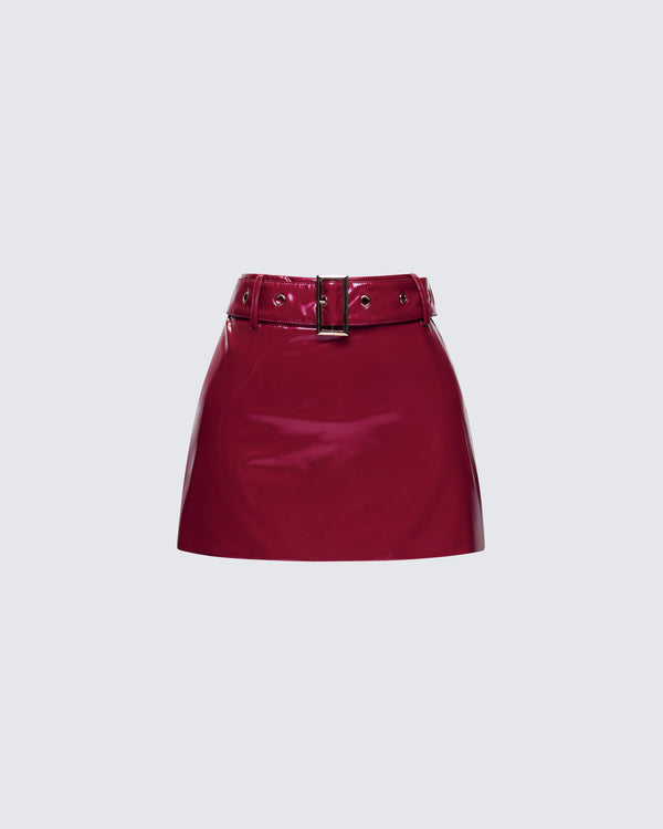 finesse Severine Red Vegan Leather Belted Mini Skirt