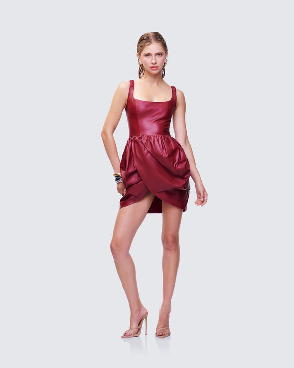 Finesse Thalassa Red Vegan Leather Folded Mini Dress