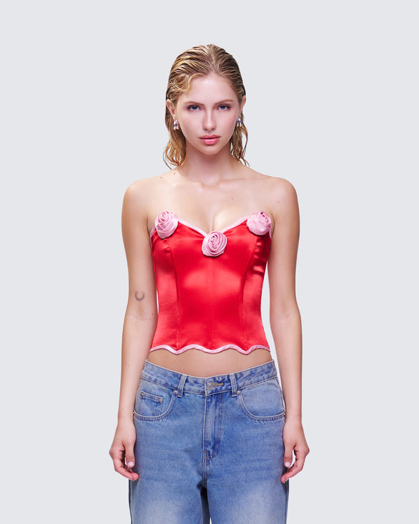 Finesse Villie Red Rose Detail Scalloped Edge Corset Top