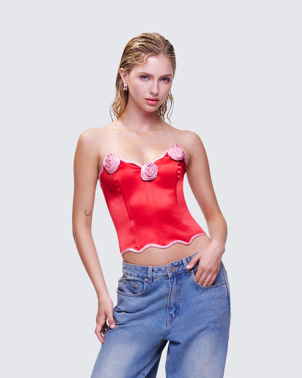 Finesse Villie Red Rose Detail Scalloped Edge Corset Top