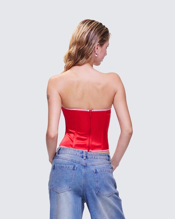 Finesse Villie Red Rose Detail Scalloped Edge Corset Top
