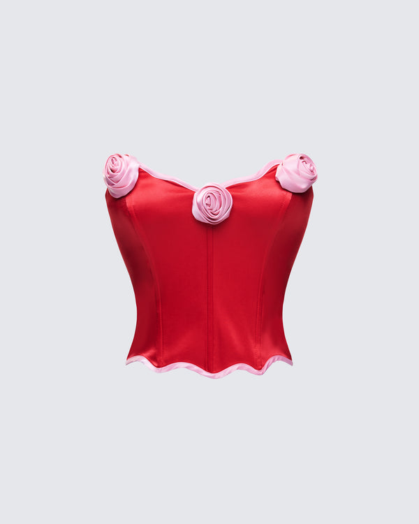 finesse Villie Red Rose Detail Scalloped Edge Corset Top