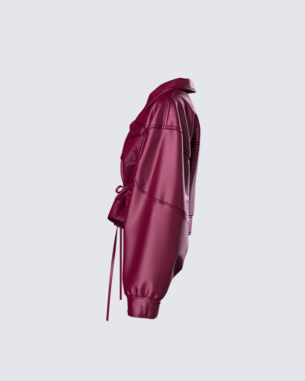 Finesse Zui Maroon Vegan Leather Oversized Cropped Jacket
