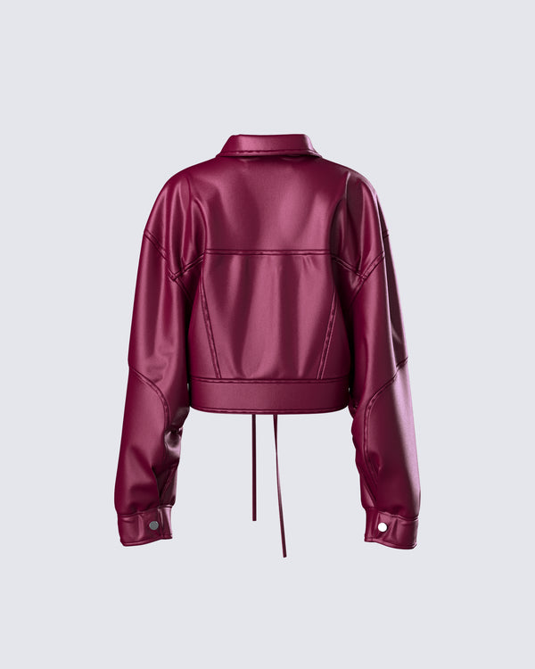 Finesse Zui Maroon Vegan Leather Oversized Cropped Jacket