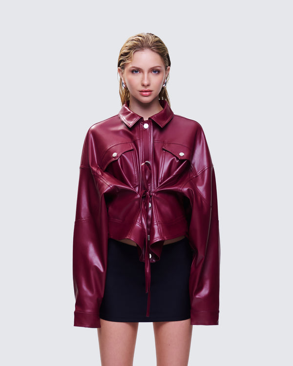 Finesse Zui Maroon Vegan Leather Oversized Cropped Jacket