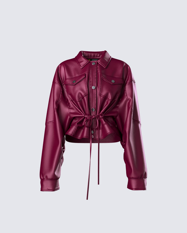 finesse Zui Maroon Vegan Leather Oversized Cropped Jacket