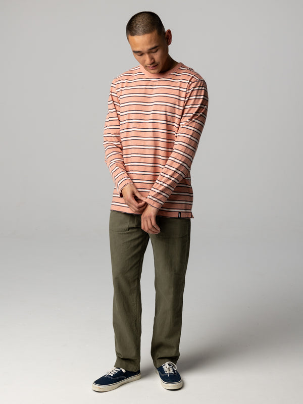 Finisterre Men's Channel Stripe Long Sleeve T-Shirt Clay Stripe