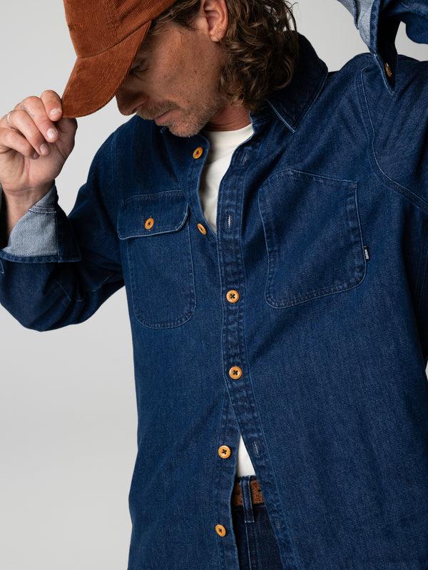 Finisterre Men's Eddystone Denim Shirt Mid-Wash Indigo Denim