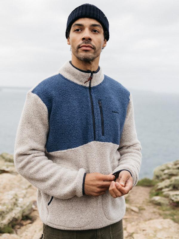 Finisterre Men's Hegen 1/4 Zip Wool Fleece Coastal Fjord/Oatmeal