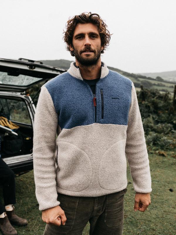 finisterre Men's Hegen 1/4 Zip Wool Fleece Coastal Fjord/Oatmeal