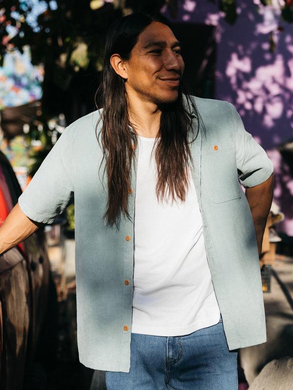 finisterre Men's Jetty Cord Short Sleeve Shirt Blue Stone