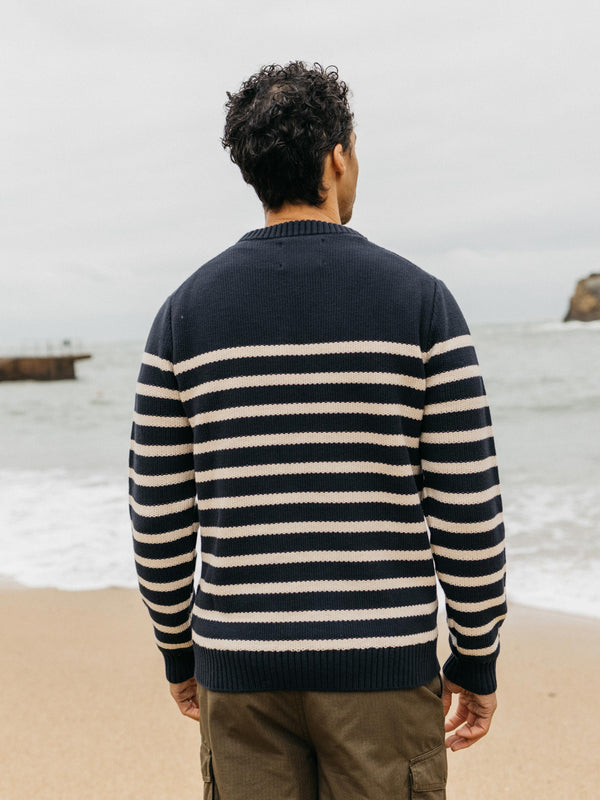 Finisterre Men's Ledden Striped Knit Jumper Navy/Oatmeal Stripe