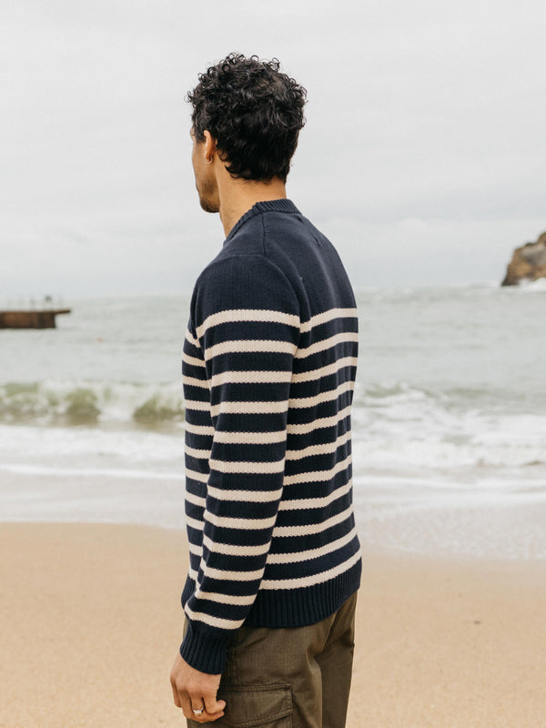Finisterre Men's Ledden Striped Knit Jumper Navy/Oatmeal Stripe