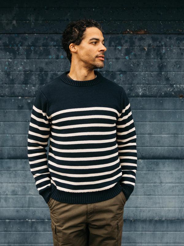 finisterre Men's Ledden Striped Knit Jumper Navy/Oatmeal Stripe