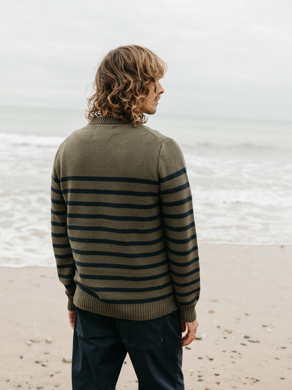 Finisterre Men's Ledden Striped Knit Jumper Olive/Navy Stripe