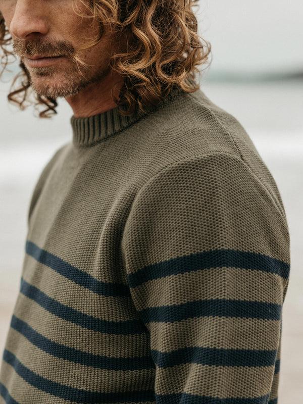 Finisterre Men's Ledden Striped Knit Jumper Olive/Navy Stripe