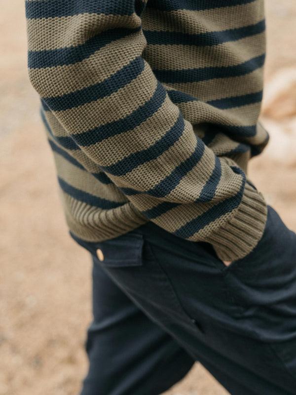 Finisterre Men's Ledden Striped Knit Jumper Olive/Navy Stripe