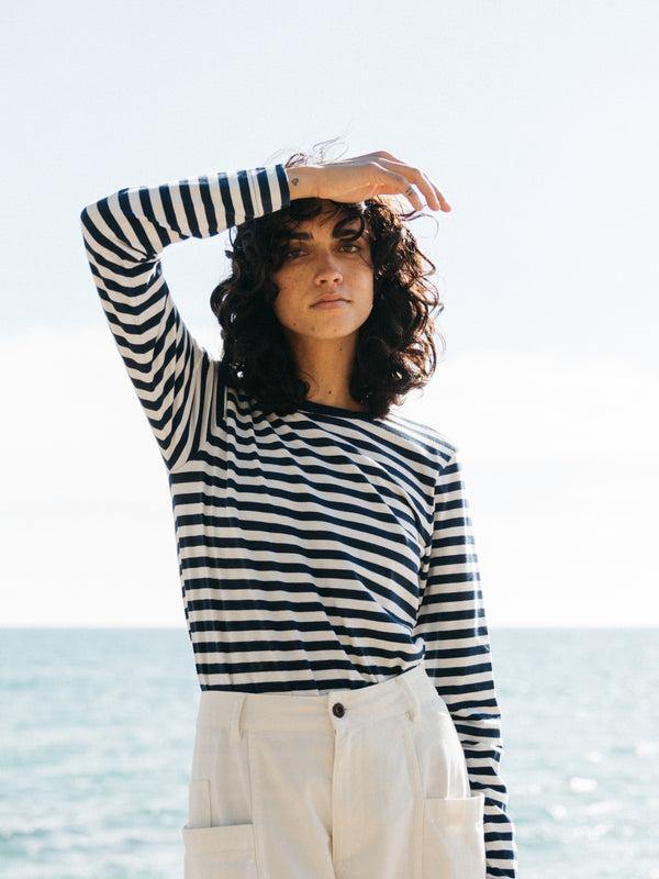 finisterre Women's Eldon Long Sleeve T-Shirt Deep Blue/White