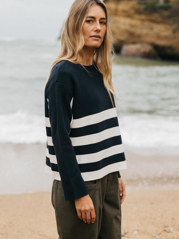 Finisterre Women's Lovan Stripe Knit Jumper Navy/Ecru