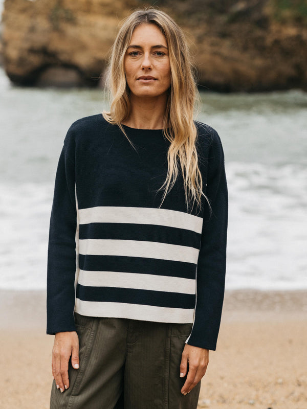 finisterre Women's Lovan Stripe Knit Jumper Navy/Ecru