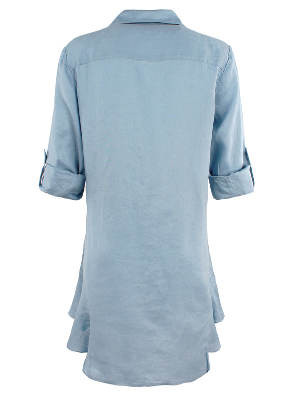 Finley Agatha Dress Light Blue Washed Linen Shirt Dress With Side Ruffle Hem And A Relaxed Contour