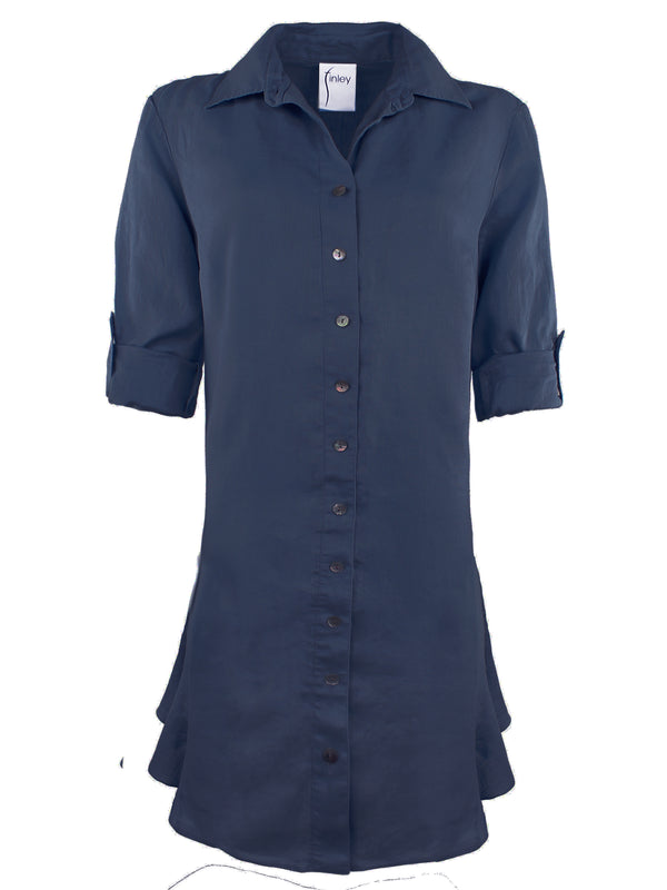 Finley Agatha Dress Navy Blue Washed Linen Shirt Dress With Side Ruffle Hem And A Relaxed Contour