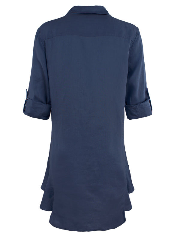 Finley Agatha Dress Navy Blue Washed Linen Shirt Dress With Side Ruffle Hem And A Relaxed Contour