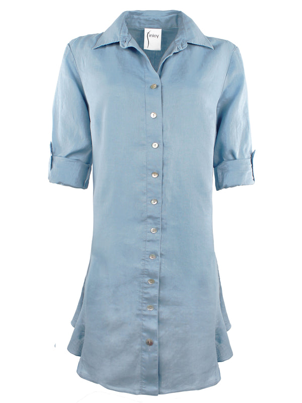 Finley Agatha Dress White Washed Linen Shirt Dress With Side Ruffle Hem And A Relaxed Contour