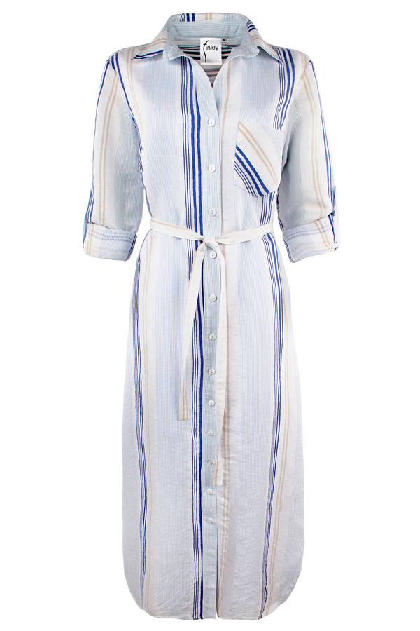 Finley Alex Long Tie Front Dress With Self Belt And Blue & White Stripe