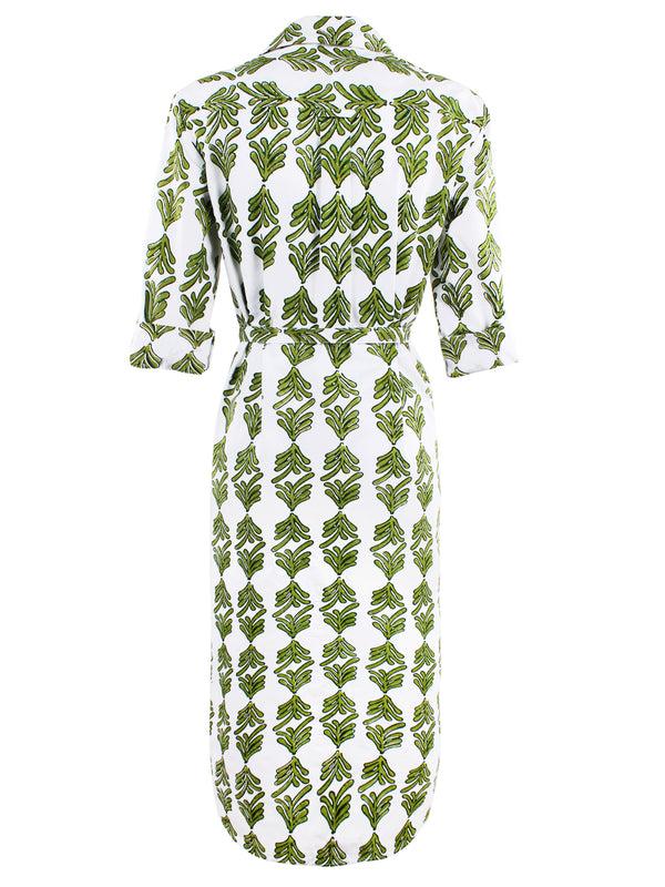 Finley Alex Long Tie Front Dress With Self Belt And Green & White Print