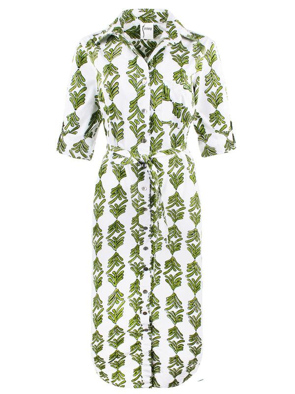 Finley Alex Long Tie Front Dress With Self Belt And Green & White Print